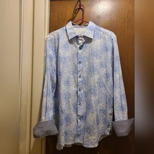 Robert Graham shirt Linen Cotton Blend Blue Floral Contrast Cuff Button Up Large